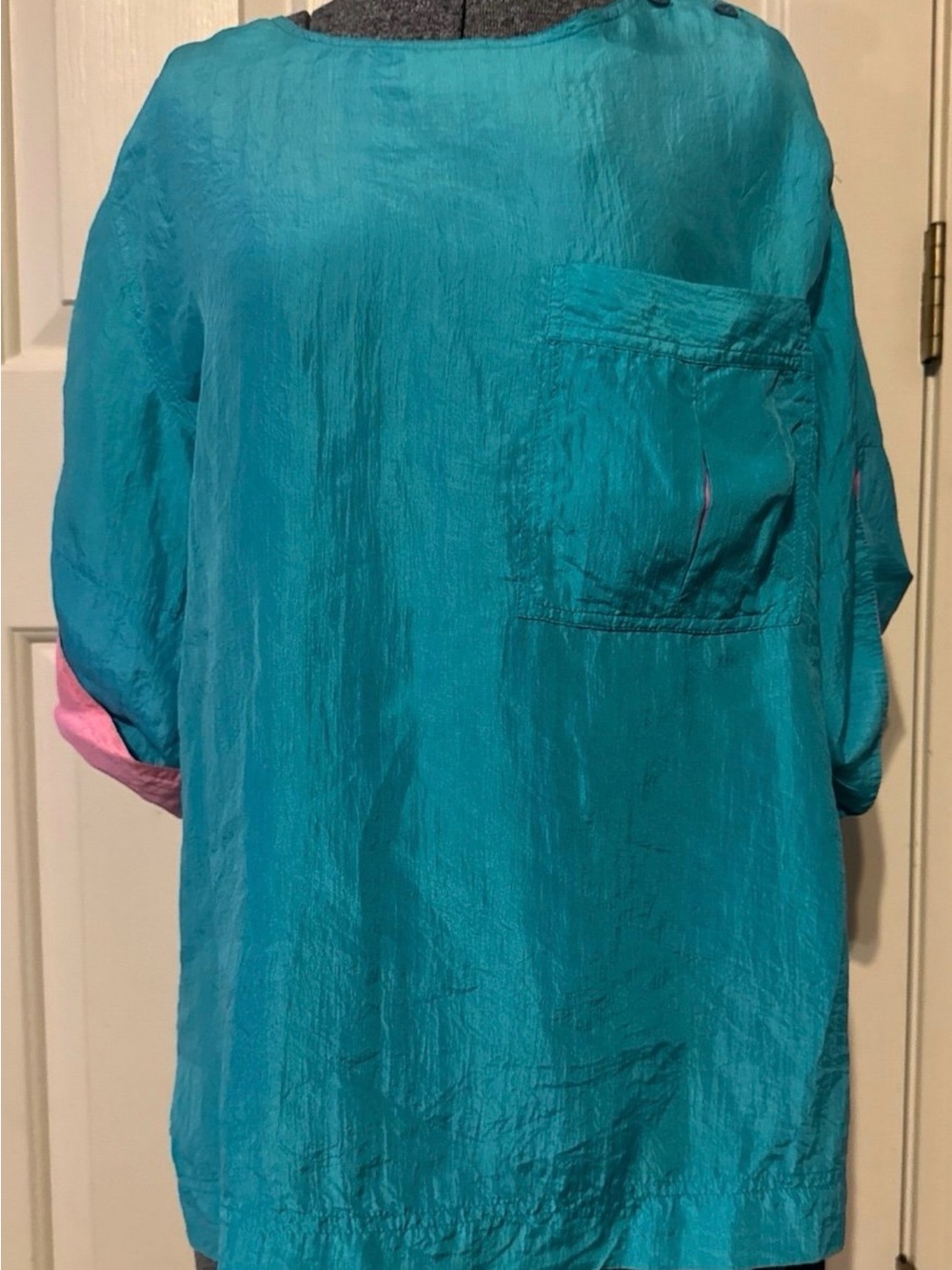 Women’s Teal Casual Button-Detail Shirt  and skirt 100%silk